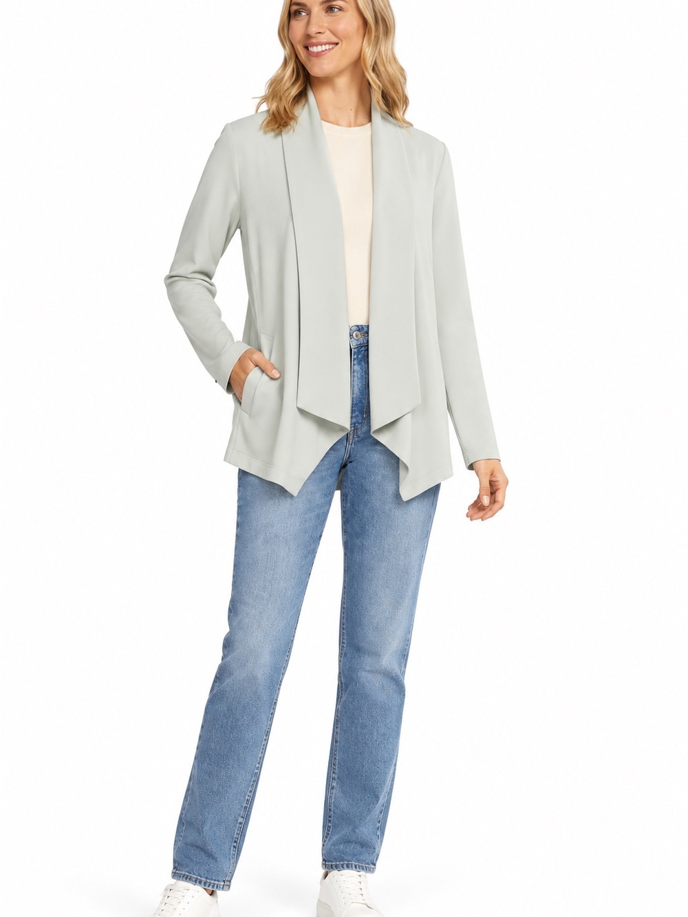 Light Green Draped Open-Front Cardigan Sweater